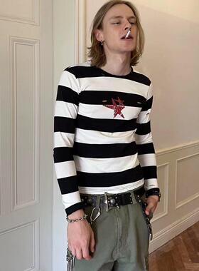 【AGD】DTHEREAL条纹做旧五角星印花破洞vintage质感修身内搭长袖