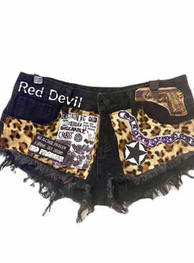 【AGD】RedDevil亚文化涩谷辣妹牛仔流苏朋克风豹纹牛仔短裤热裤