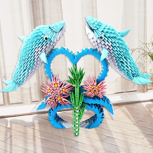 手工三角插diy折纸教程海豚之恋