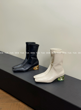 DENTUATUA 修饰脚型 时髦极简！24ss新品水晶跟瘦瘦靴烟筒靴子女