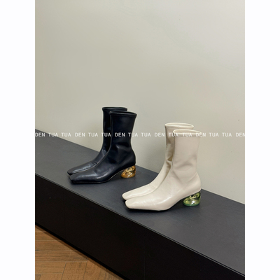 DENTUATUA 修饰脚型 时髦极简！24ss新品水晶跟瘦瘦靴烟筒靴子女