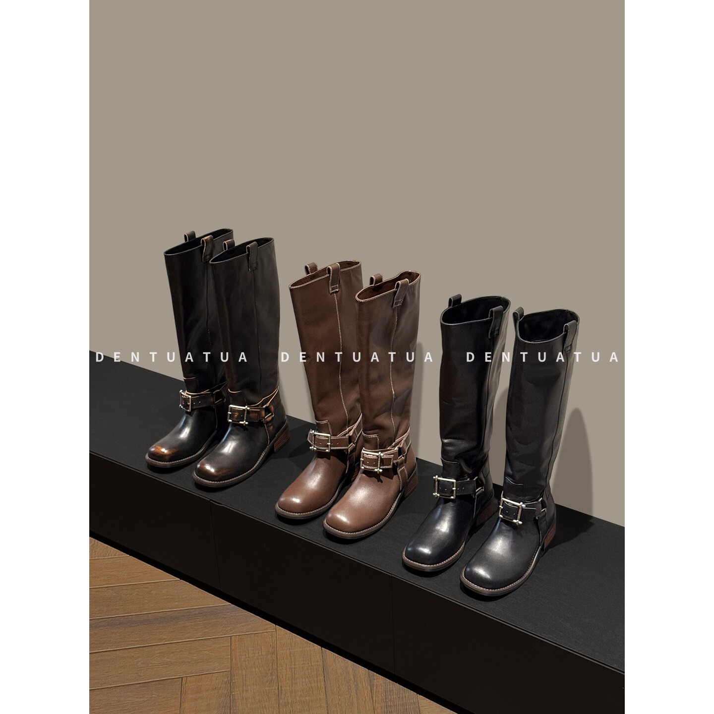 DENTUATUA 暗黑女主的终极武器！25FW做旧粗跟皮带扣高筒骑士靴女
