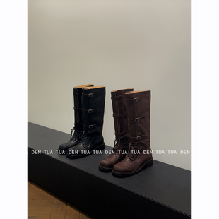 24FW新款 炸街vogue 复古做旧擦色骑士靴子女 时髦精匕备 DENTUA