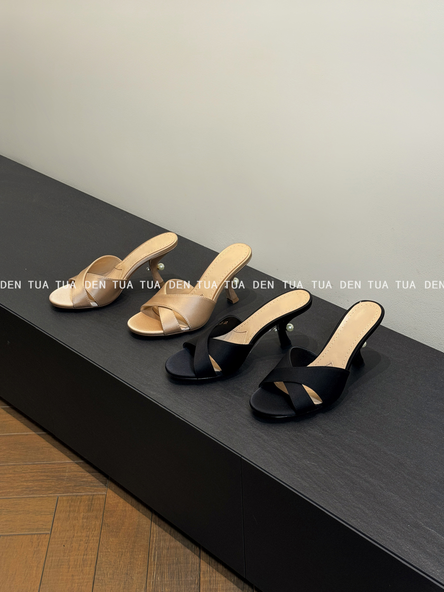 DENTUATUA 绸缎面 温柔仙女！24s新品露趾交叉凉拖鞋女外穿5cm跟