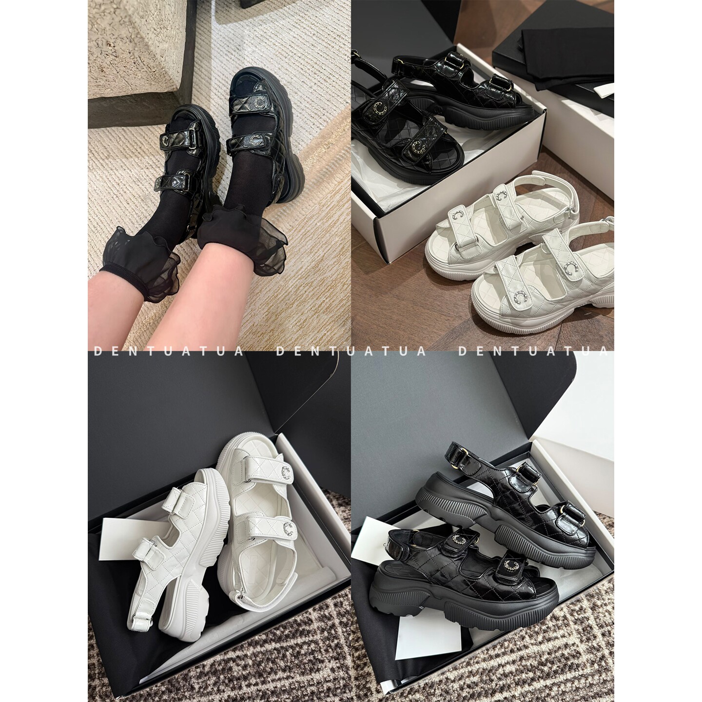 DENTUATUA 活力在足尖碰撞!26ss金属扣魔术贴菱格厚底露趾凉鞋女