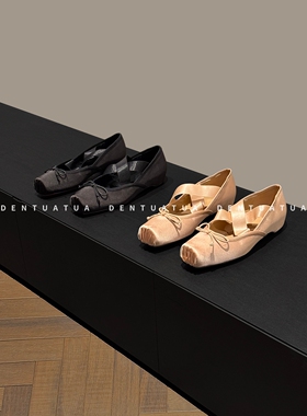 DENTUATUA 时尚icon！25FW 方头缎面平底蝴蝶结芭蕾舞浅口单鞋 女
