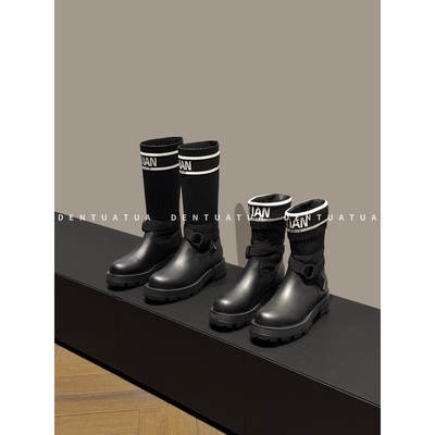 DENTUATUA 复古活力~ 户外机能！25FW 皮带扣字母刺绣骑士袜靴 女