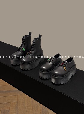 DENTUATUA 短腿逆袭神器！25FW 做旧系带大头松糕厚底短筒靴 女