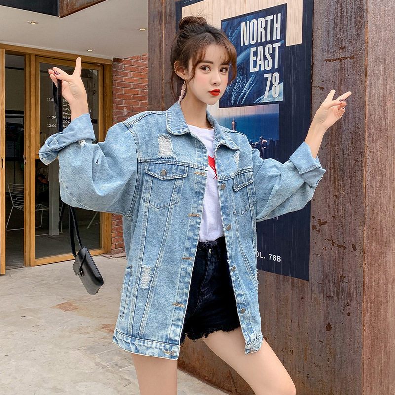 破洞牛仔外套女2026秋韩版宽松百搭单排扣原宿风bf百搭纯色上衣潮
