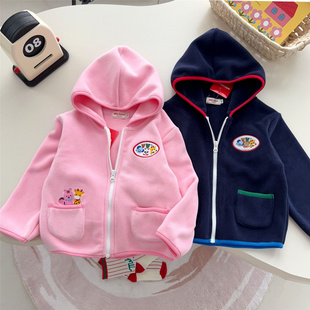 日系儿童外套 25冬新款男女童卡通刺绣连帽双面摇粒绒保暖外套