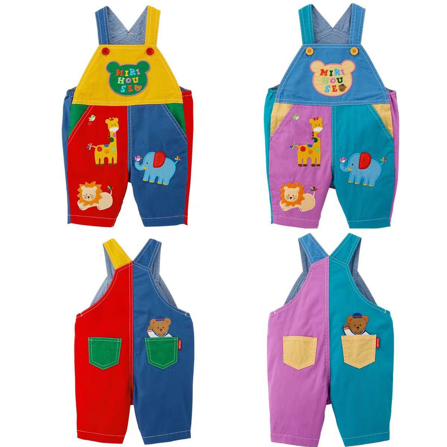 日系miki男女童宝宝童装卡通小熊背带裤长裤字母拼接背带短裤潮