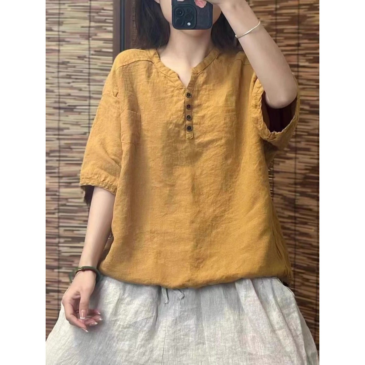 夏季新款妈妈夏装棉麻五分袖女衬衫洋气宽松显瘦小衫打底衫上衣女