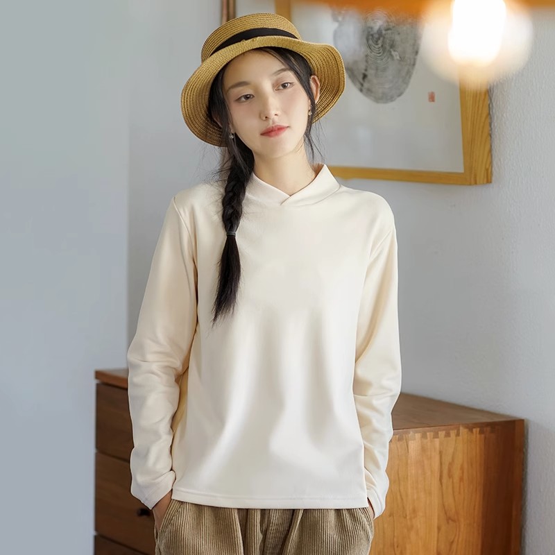 新中式黑色德绒V领打底衫长袖T恤