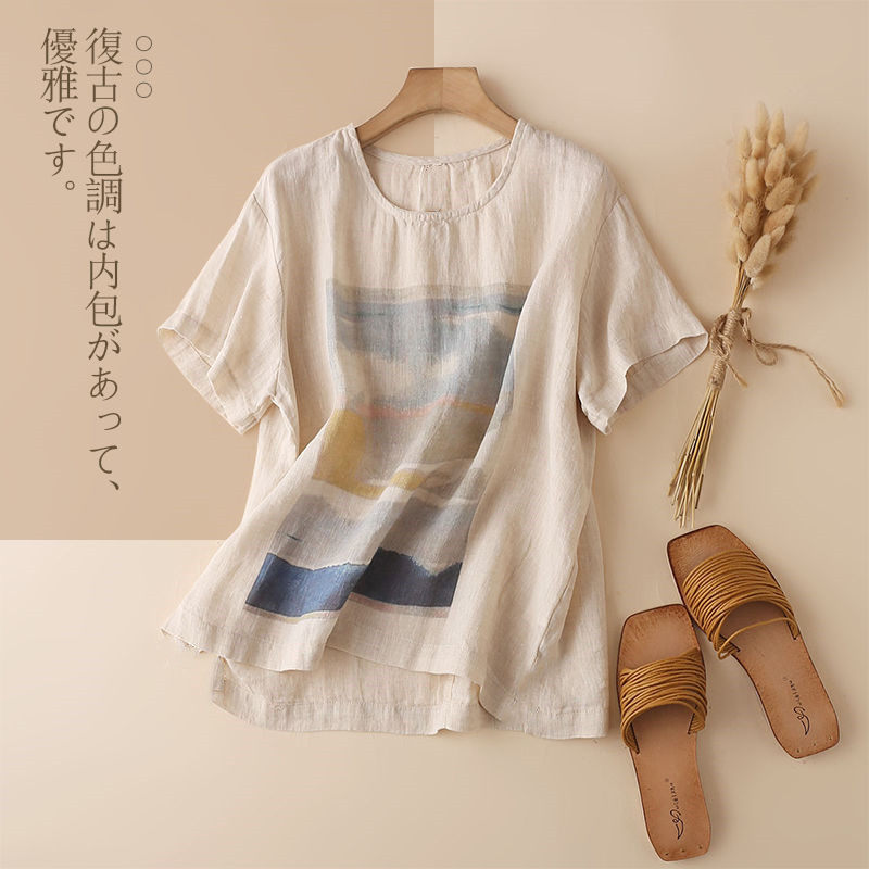 中老年高端棉麻印花短袖女夏宽松图片