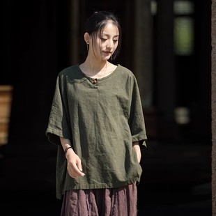 新款 五分短袖 上衣女2025夏季 小衫 T恤盘扣 女宽松文艺复古棉麻衬衫