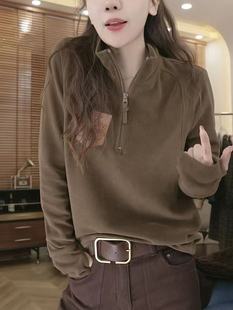 美拉德半拉链卫衣女2025春秋新款 设计感德绒立领百搭T恤打底上衣