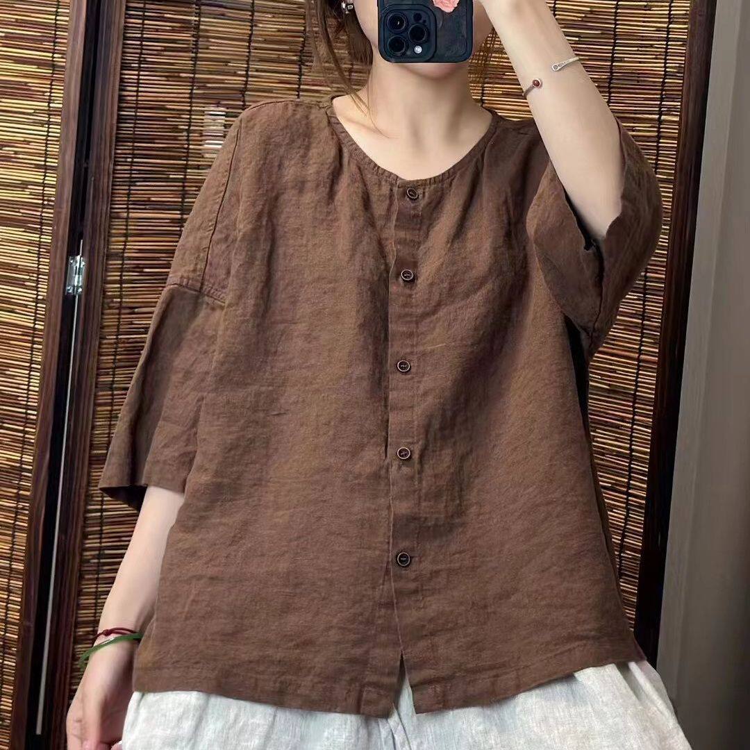 棉麻衬衫女圆领纯色休闲百搭宽松显瘦2026夏季新款透气中袖衬衣女