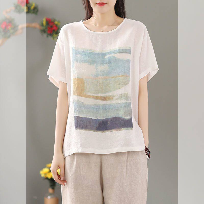 文艺复古短袖T恤女印花棉麻圆领2026夏季新款宽松大码百搭上衣女