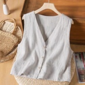 复古V领棉麻马夹背心女夏季 外穿通勤简约坎肩叠穿亚麻马甲外套薄