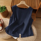 日系复古棉麻马甲背心女夏宽松显瘦休闲圆领亚麻无袖 开叉衬衫 上衣