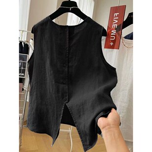 无袖棉麻衬衫女夏季新款圆领背心设计感衬衣时尚宽松遮肚薄款上衣