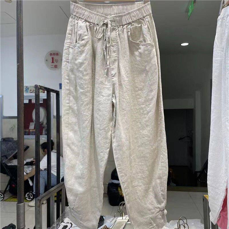 棉麻哈伦休闲裤女2026夏季新款盘扣系带松紧腰大码显瘦束脚九分裤