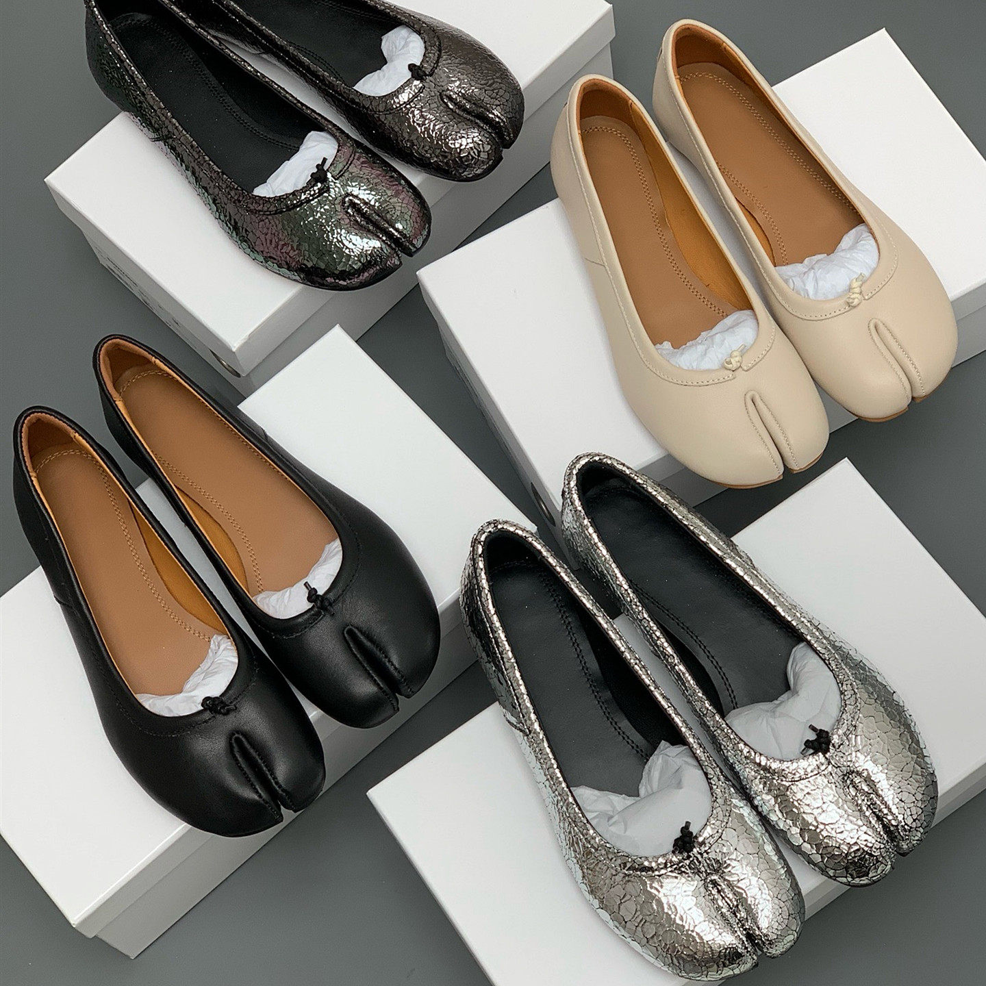 2025春夏新款真皮平底裂纹分趾鞋浅口芭蕾舞单鞋舒适百搭女鞋