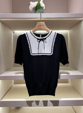 2024夏季新款高端蕾丝拼接黑色显瘦夏天冰丝针织短袖衫女Q126701E