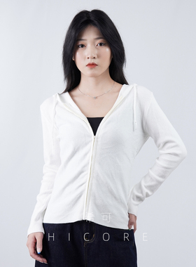 韩系白色连帽拉链长袖针织开衫女秋冬新款薄款修身显瘦外套上衣春