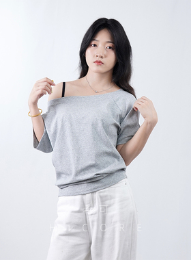 韩版斜领露肩短袖t恤女2025夏季新款宽松显瘦潮流基础款斜肩上衣