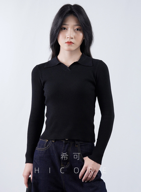 极简风黑色翻领针织衫女高级感长袖修身显瘦内搭打底衫毛衣上衣秋