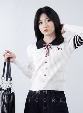 学院风蝴蝶结翻领麻花针织衫女新款小狗刺绣百搭显瘦打底长袖上衣