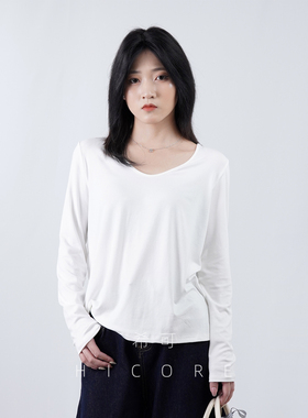 薄款V领长袖t恤女2025春秋新款慵懒感宽松内搭打底衫显瘦针织上衣