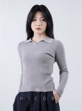 气质polo翻领长袖针织衫女秋冬修身内搭纯欲风短款上衣v领打底衫