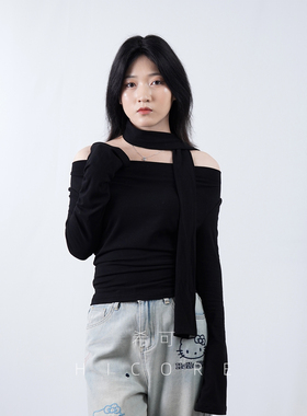 黑色荡领一字肩长袖t恤女2025春秋新款小众设计显瘦内搭打底上衣