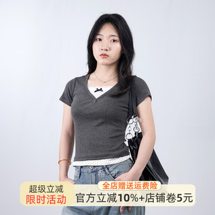 t恤女2025夏新款 甜美风拼接蝴蝶结蕾丝边假两件短袖 波点印花上衣