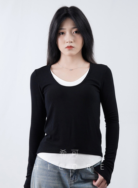 黑色假两件长袖t恤女秋冬新款显瘦软软糯糯内搭打底衫设计感上衣