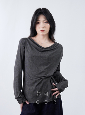 韩版荡领内搭打底衫女秋冬新款宽松显瘦设计感长袖t恤收腰上衣春