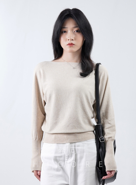 一字肩长袖针织衫女秋冬新款小众设计感微宽松显瘦毛衣打底衫上衣