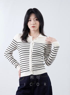 【明星同款】polo领条纹长袖针织衫女春秋新款修身洋气开衫上衣冬