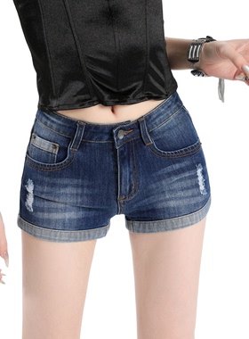 美式复古低腰弹力牛仔短裤女2025夏季新款辣妹百搭紧身包臀热裤子