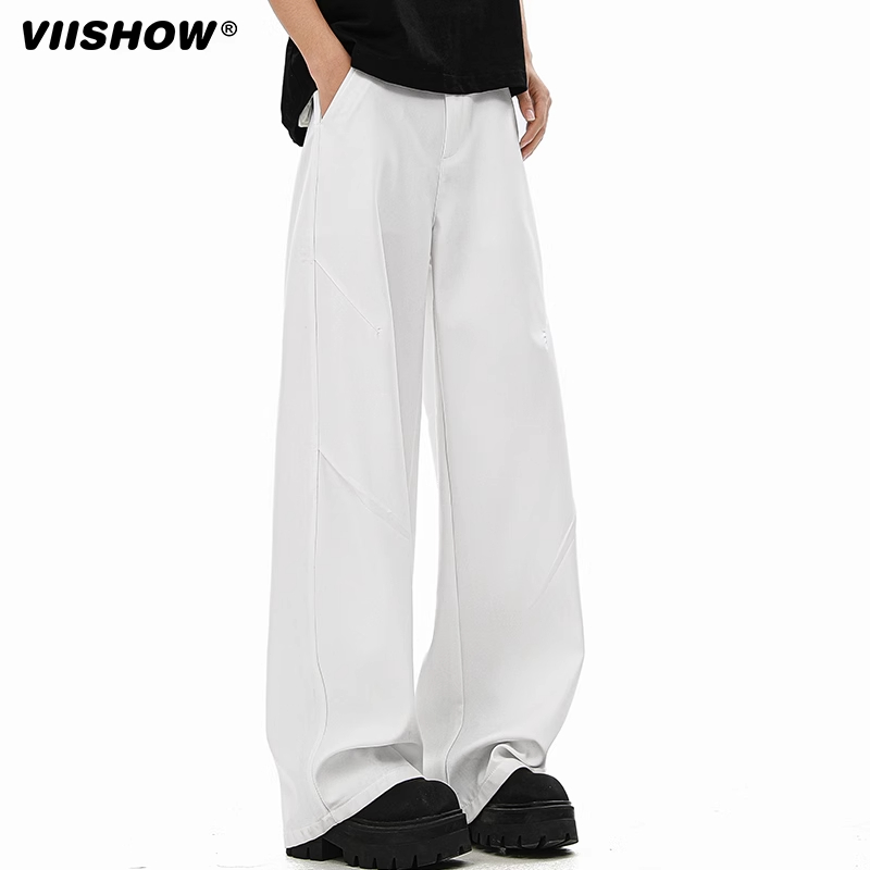 VIISHOW黑色褶皱西装裤子男2025夏季新款痞帅垂坠感宽松休闲西裤