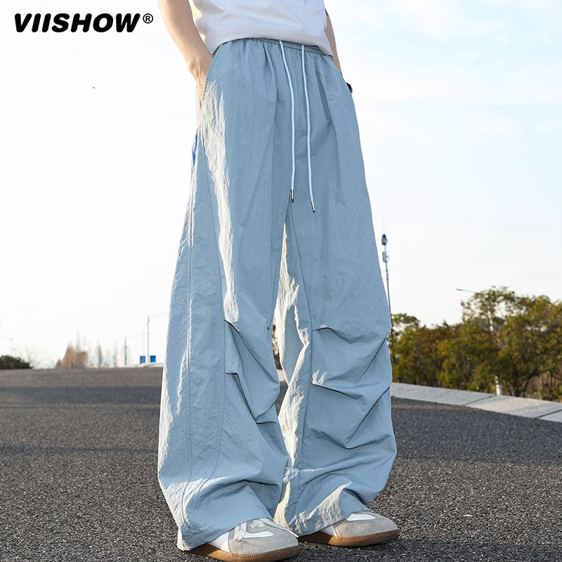 VIISHOW褶皱伞兵裤男松弛感美式速干工装裤子宽松直筒休闲运动裤