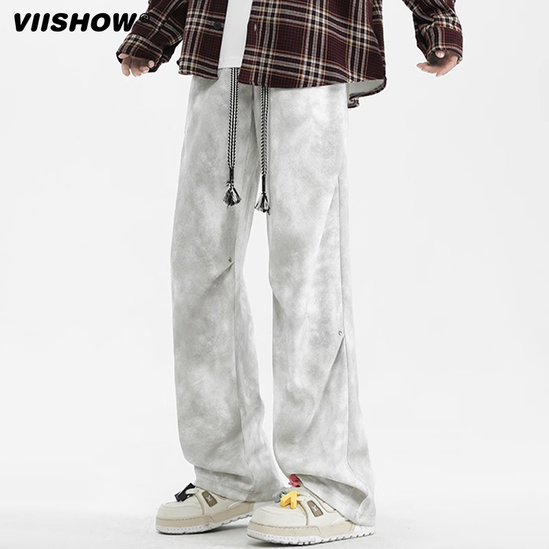 VISHOW美式脏脏卫裤男2025年春季高街扎染宽松阔腿直筒休闲裤子