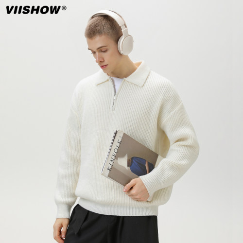 VIISHOW仿鹿毛绒开衫半拉链翻领毛衣男秋冬款质感宽松重磅针织衫