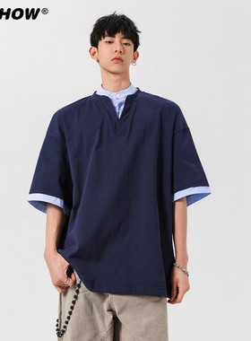 VIISHOW美式学院风假两件v领短袖t恤男款夏季宽松休闲拼接上衣服