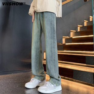VIISHOW新款美式高街直筒黄泥色牛仔裤半松紧复古休闲裤显瘦显高