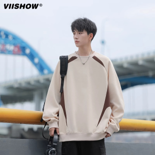 VISHOW撞色拼接卫衣男春款圆领长袖t恤男潮牌青少年落运动打底衫