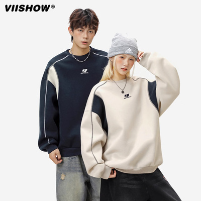 VIISHOW卫衣男士秋季新款刺绣分割重磅圆领上衣廓形男生运动长袖