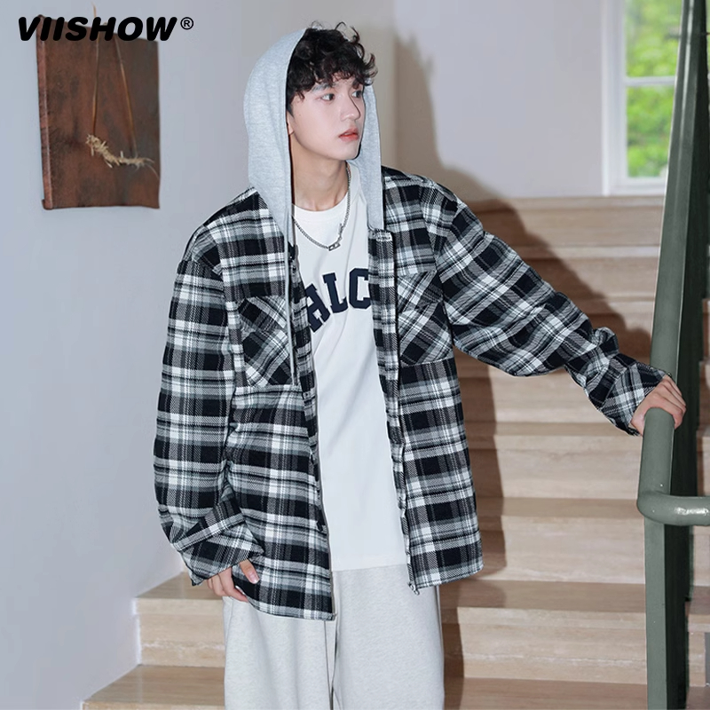 VIISHOW蓝色格子衬衫外套男春秋新款美式棒球夹克休闲连帽卫衣服